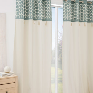 Rideau tamisant à œillets en polycoton jacquard avec pompons - Vert