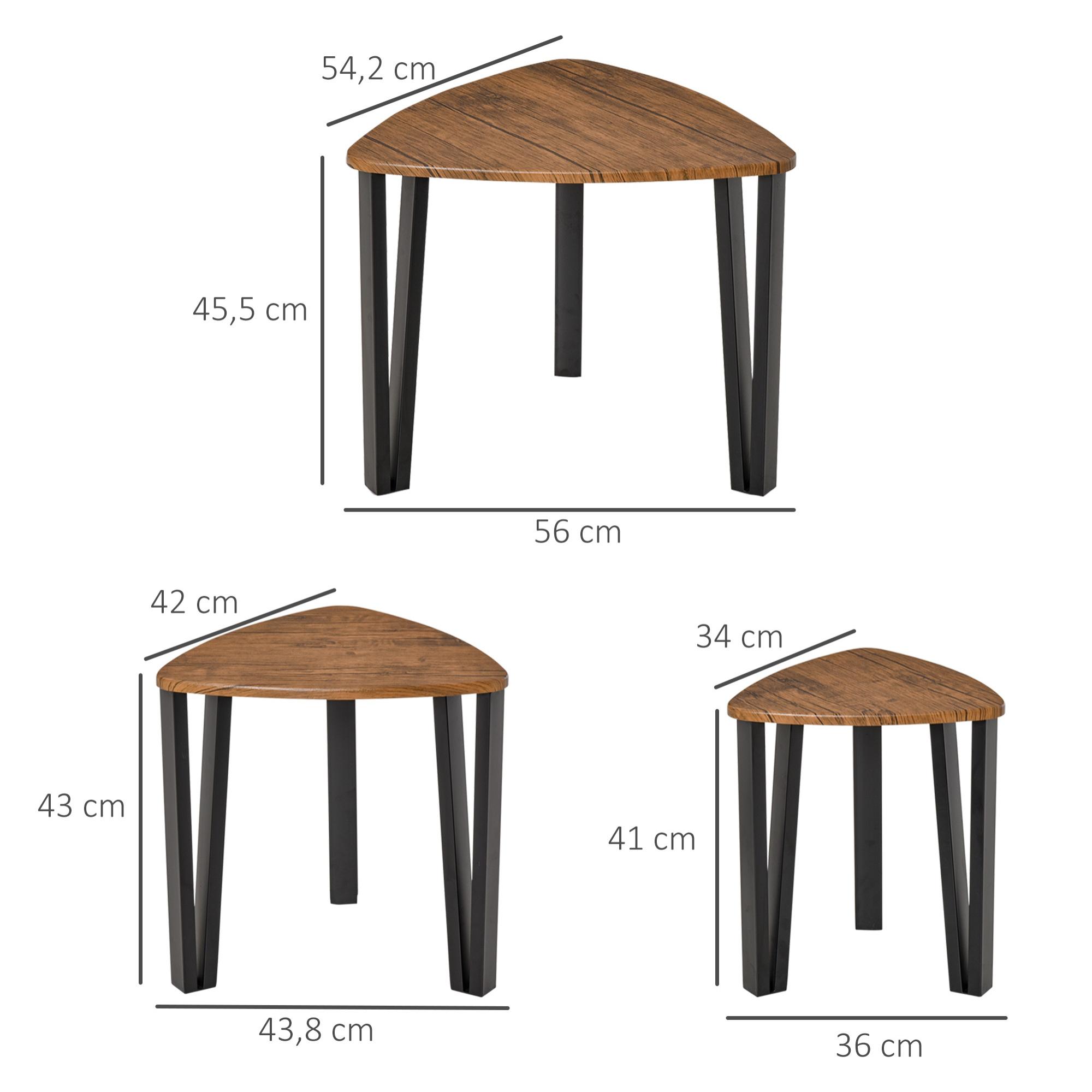 Ensemble de 3 tables basses gigognes encastrables style industriel piètements métal noir en épingle plateaux aspect bois de noyer