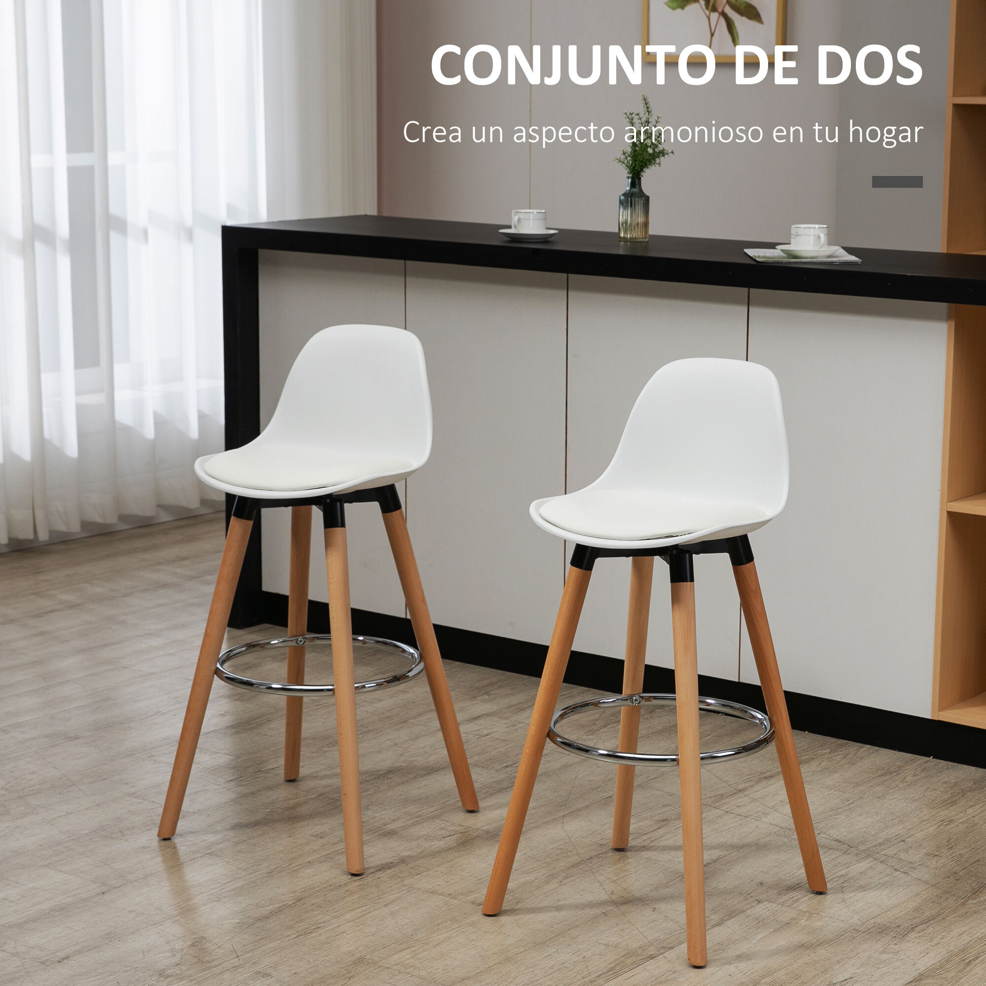 HOMCOM Juego de 2 Taburetes de Bar Tapizado en PU Taburetes Altos de Cocina con Asiento 70 cm de Altura y Giratorio de 360° Patas de Madera para Cocina Comedor 40x42x91 cm Blanco