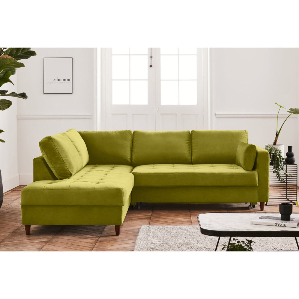 Anna - canapé d'angle gauche - 5 places - convertible - en velours - Vert Olive