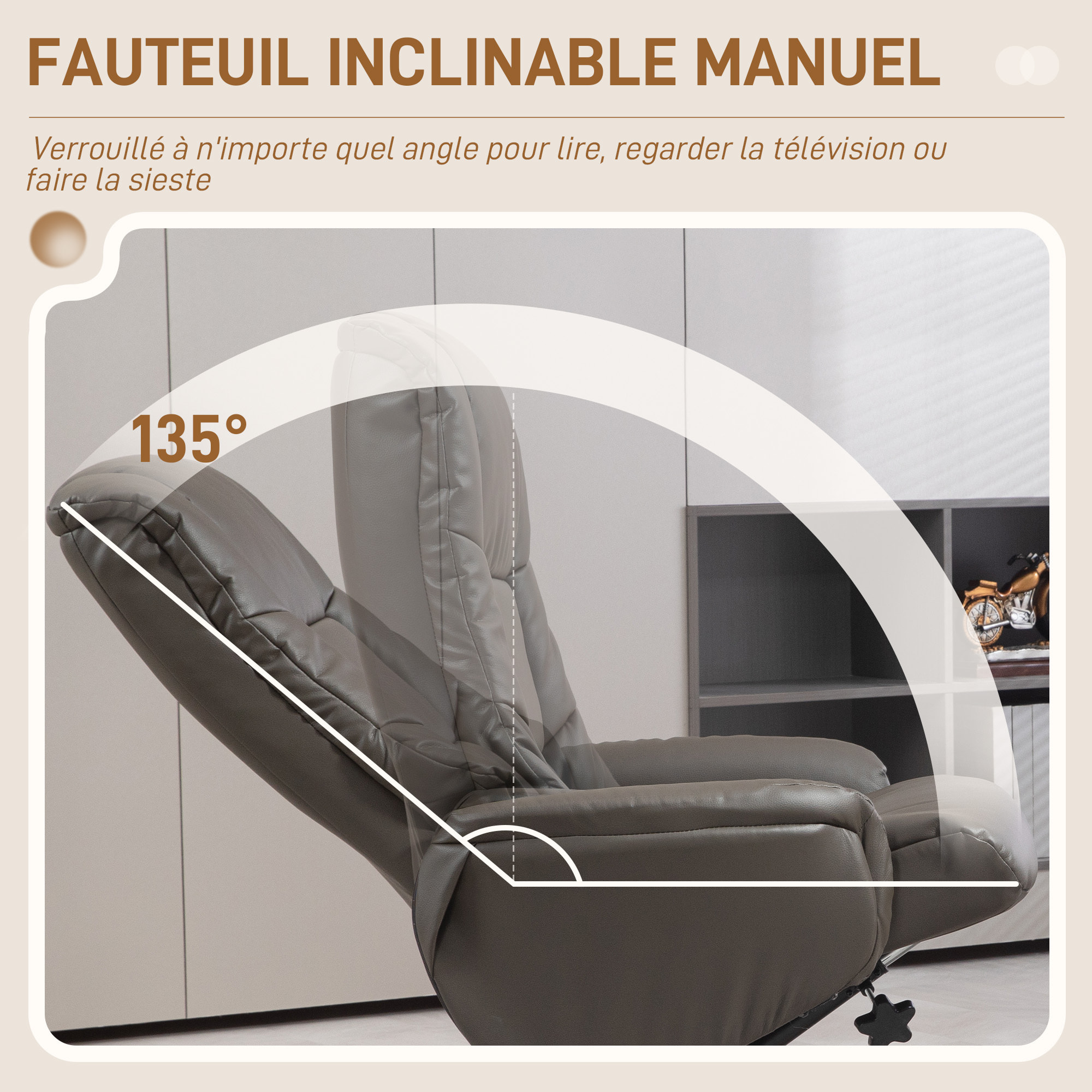 Fauteuil relax inclinable avec repose-pied assorti - fonction à bascule - bois revêtement synthétique gris