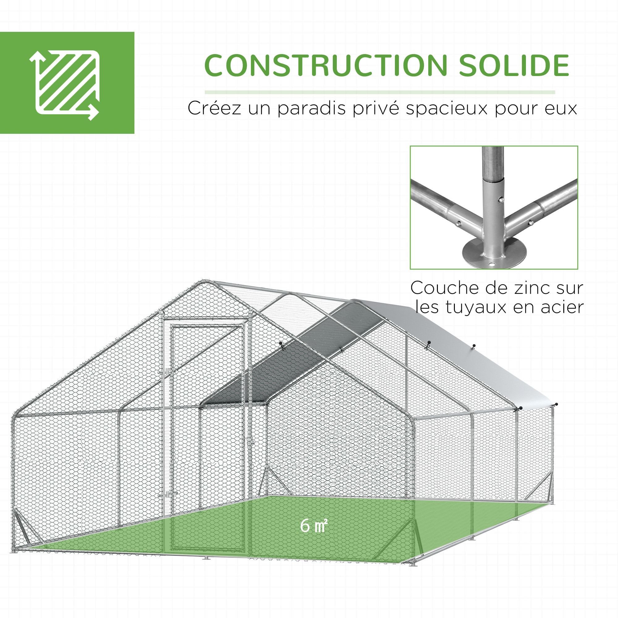 Enclos poulailler chenil 18 m² - parc grillagé dim. 6L x 3l x 2H m - espace couvert - acier galvanisé