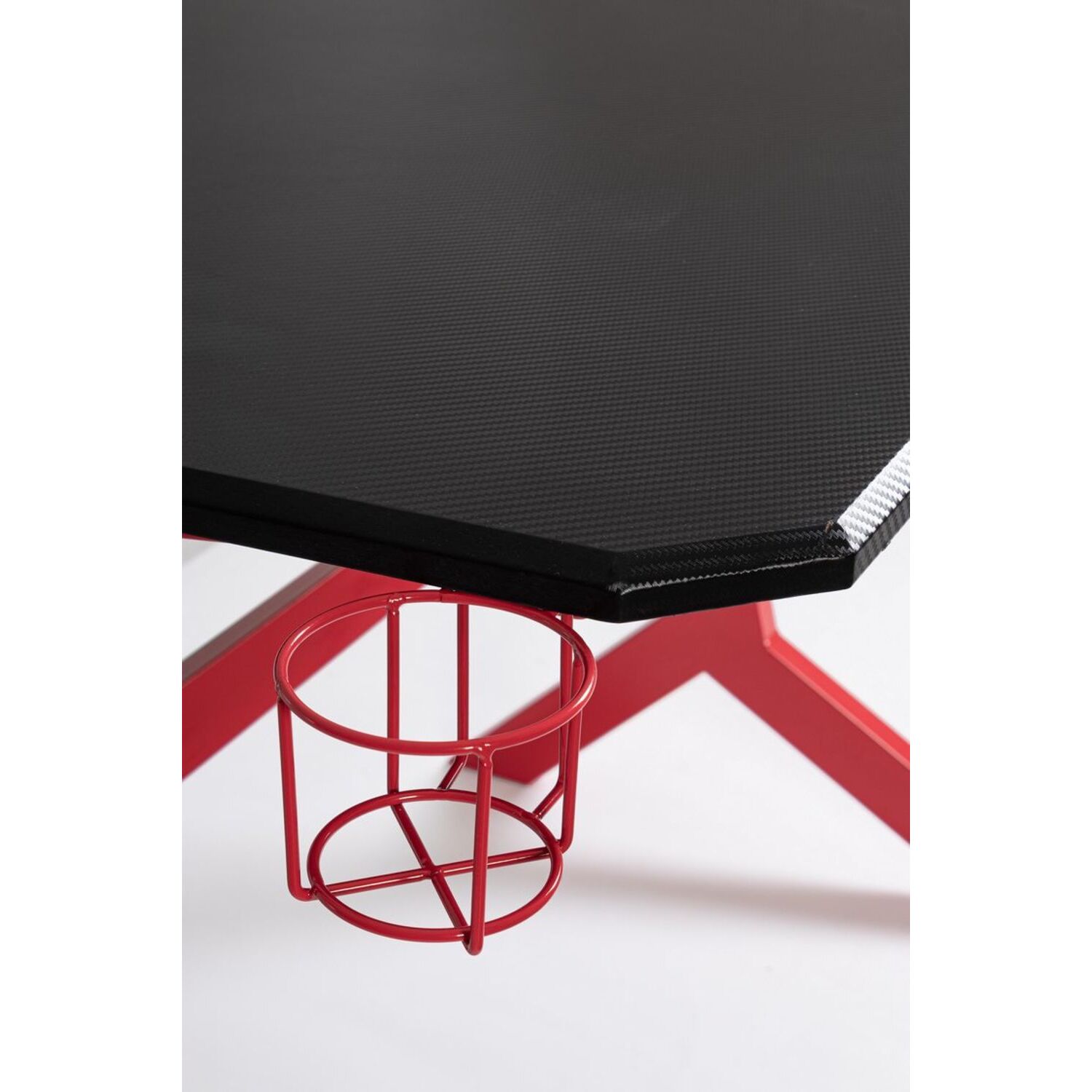 Scrivania GAMING in legno e pvc nero con base acciaio rosso, 118 x 65 cm