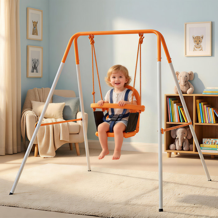 Columpio para Bebés, Columpio Jardín Exterior de Acero con Respaldo, Cinturón de Seguridad, Marco Forma A, para Niños de 6-36 Meses, para Interior y Exterior, Carga 25 kg, Naranja