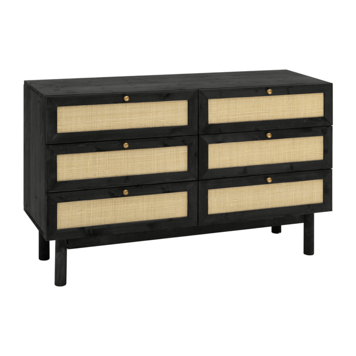Commode en bois massif et raphia avec six tiroirs en noir 76x120cm Hauteur: 76 Longueur: 120 Largeur: 42