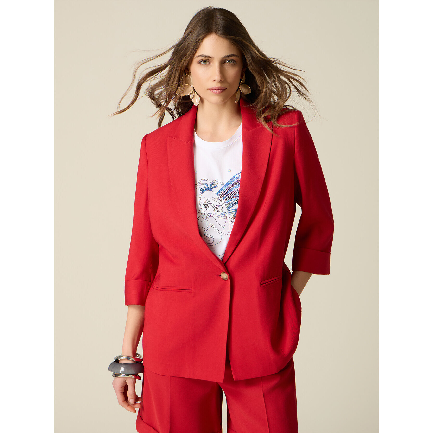 Oltre - Blazer mezcla viscosa mangas de tres cuartos - Rojo