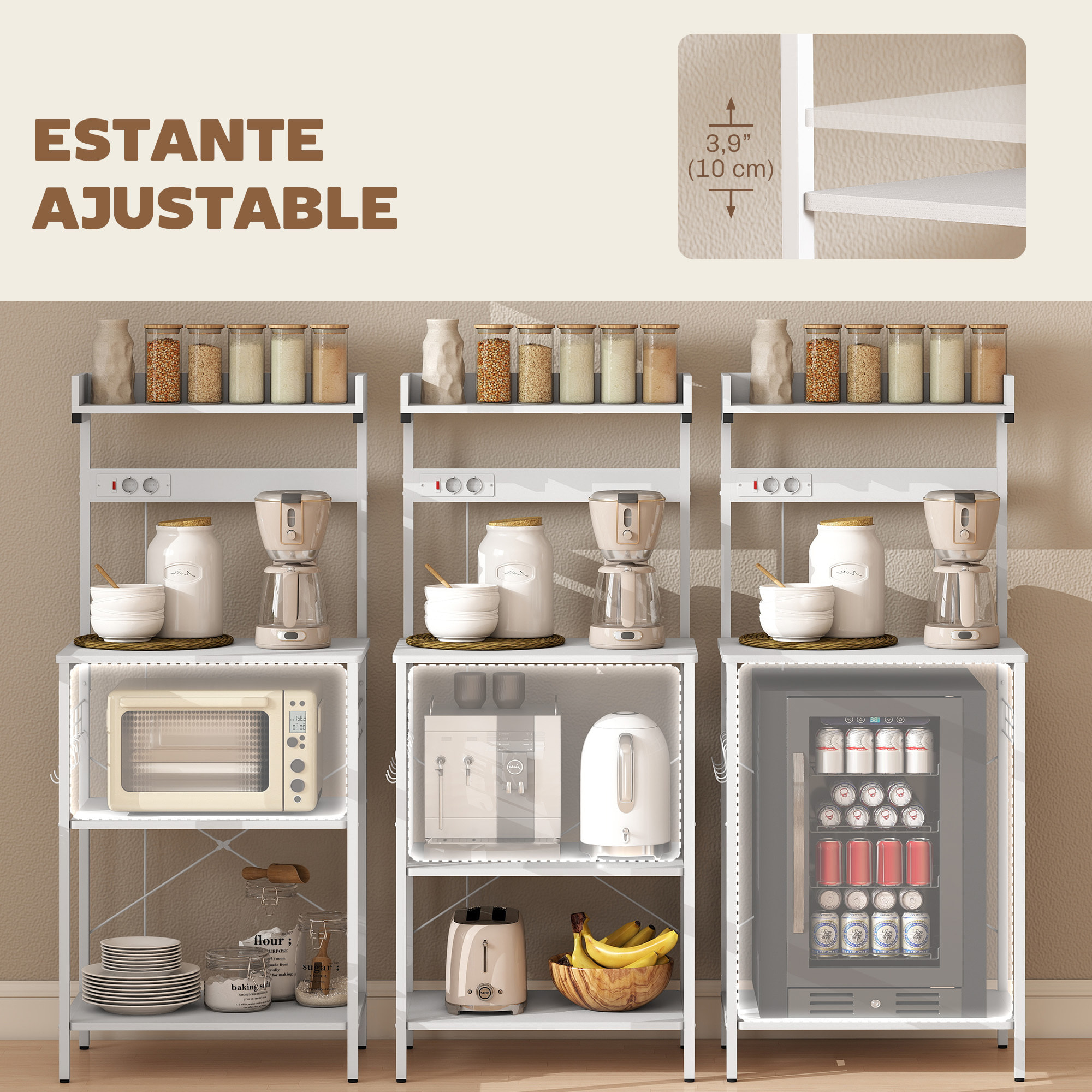 Estantería de Cocina con 2 Tomacorrientes, Estantería de Panadería Industrial con Estación de Café, Estante para Microondas, Estante Ajustable, Ganchos, 60x42x137 cm, Blanco