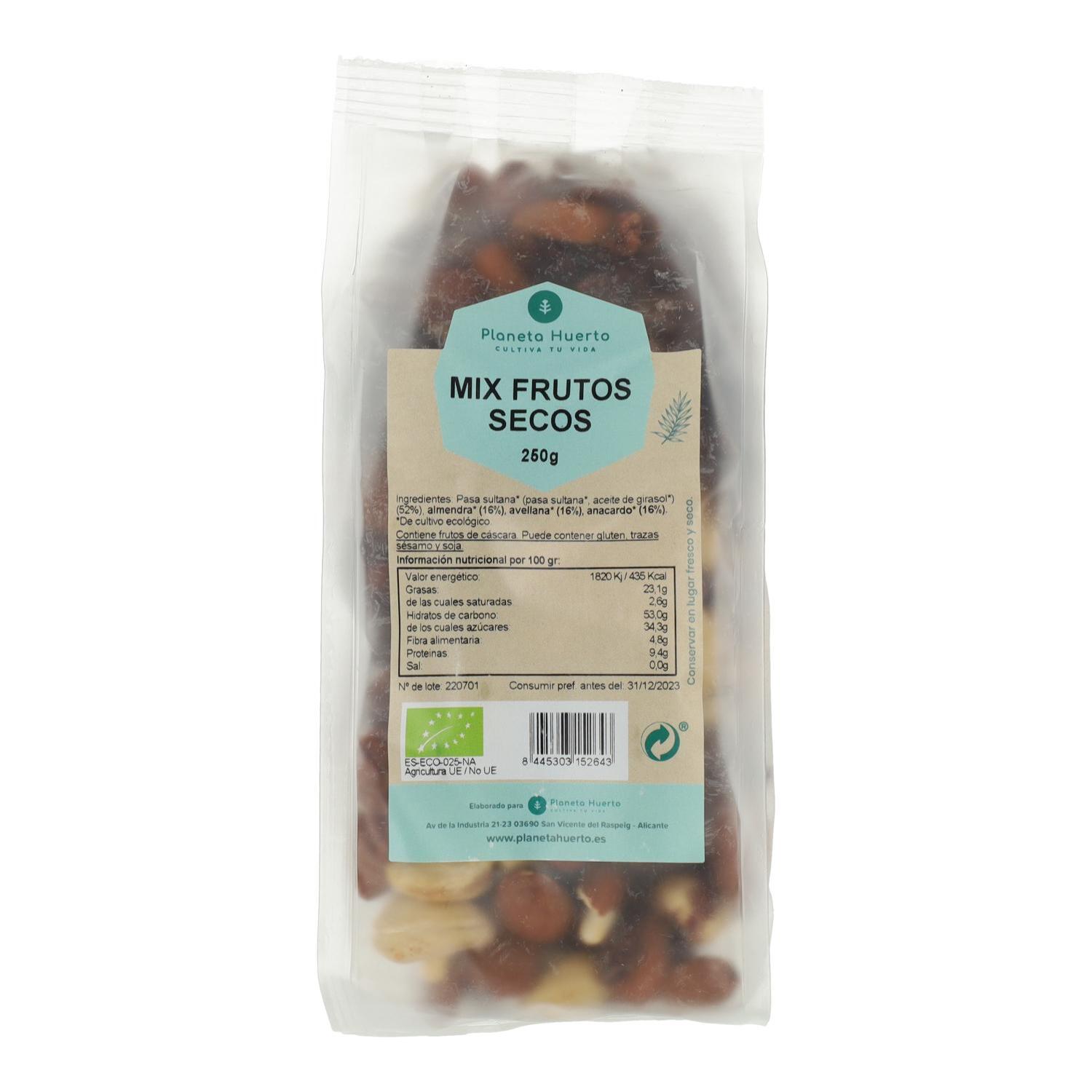 PLANETA HUERTO | Mix de Frutos Secos ECO 250 g - Mezcla Nutritiva de Pasas, Anacardos, Avellanas y Almendras Ecológicas para una Dieta Saludable y Equilibrada