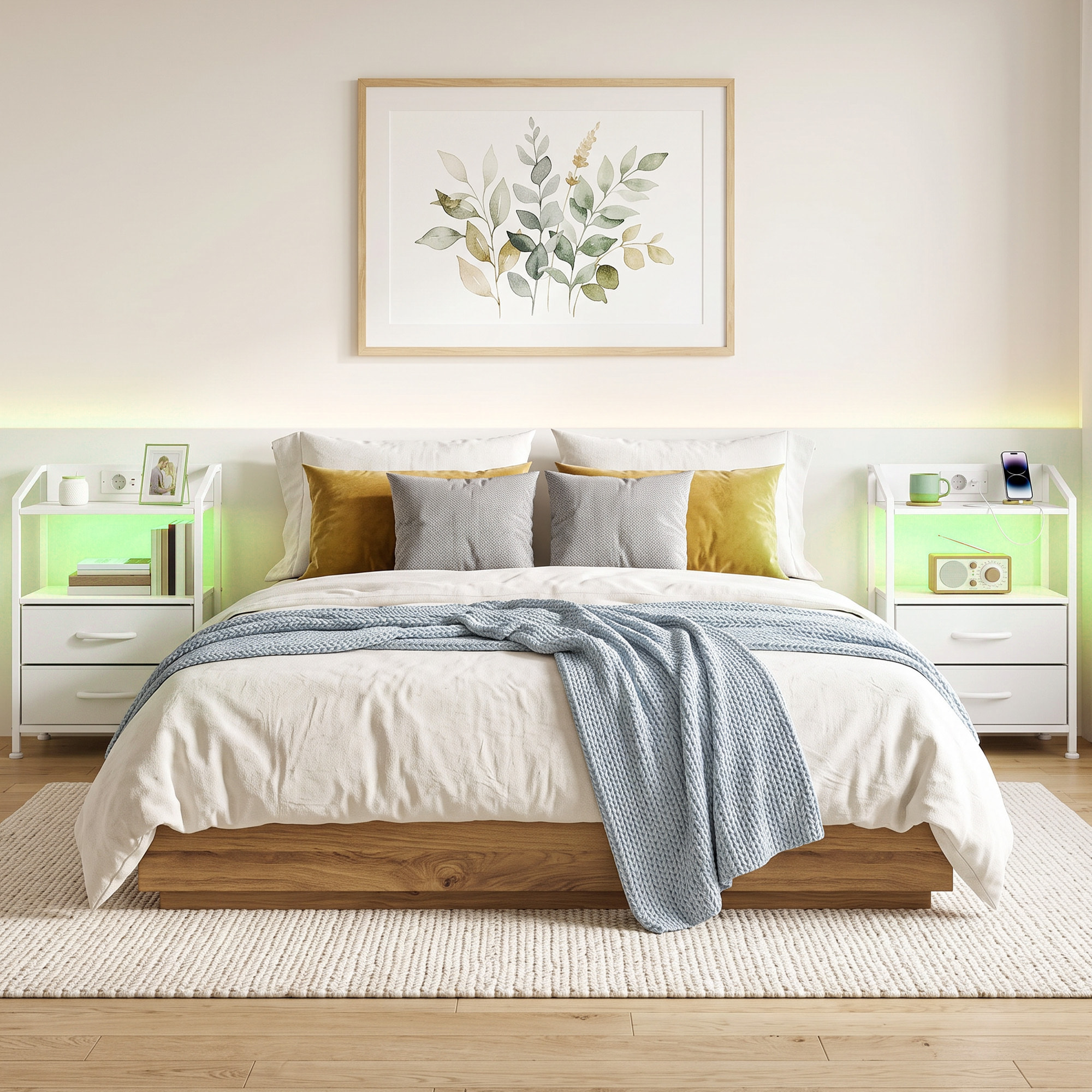 Juego de 2 Mesitas de Noche con Luces LED RGB y Estación de Carga, Mesitas Auxilifares con 2 Cajones de Tela, Diseño Moderno, para Dormitorio, Salón, 40x30x60 cm, Blanco