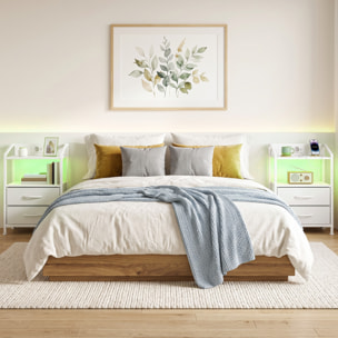 Juego de 2 Mesitas de Noche con Luces LED RGB y Estación de Carga, Mesitas Auxilifares con 2 Cajones de Tela, Diseño Moderno, para Dormitorio, Salón, 40x30x60 cm, Blanco