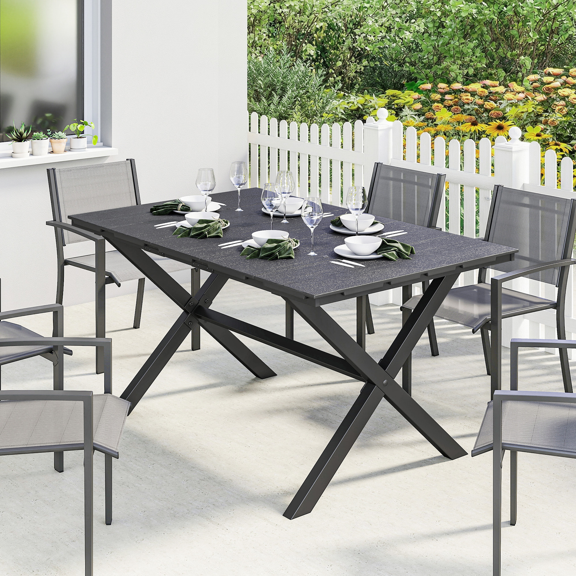 Mesa de Comedor de Jardín Rectangular, Mesa de Terraza Exterior 150x90x74 cm, con Encimera de HDPE de Listones y Estructura Metálica, para 6 Personas, Carga 50 kg, para Patio, Balcón, Negro