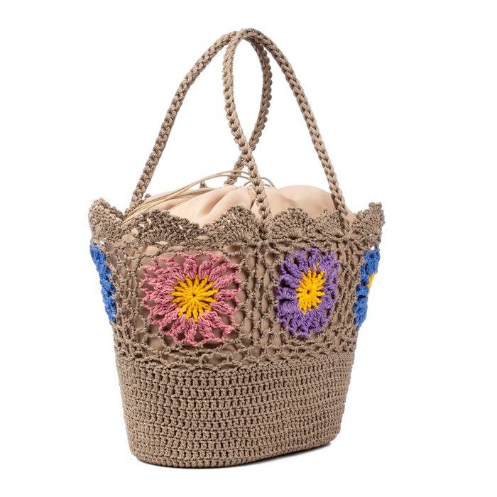 Villaga borsa a spalla donna. Realizzata in cotone, con fiori decorativi.
