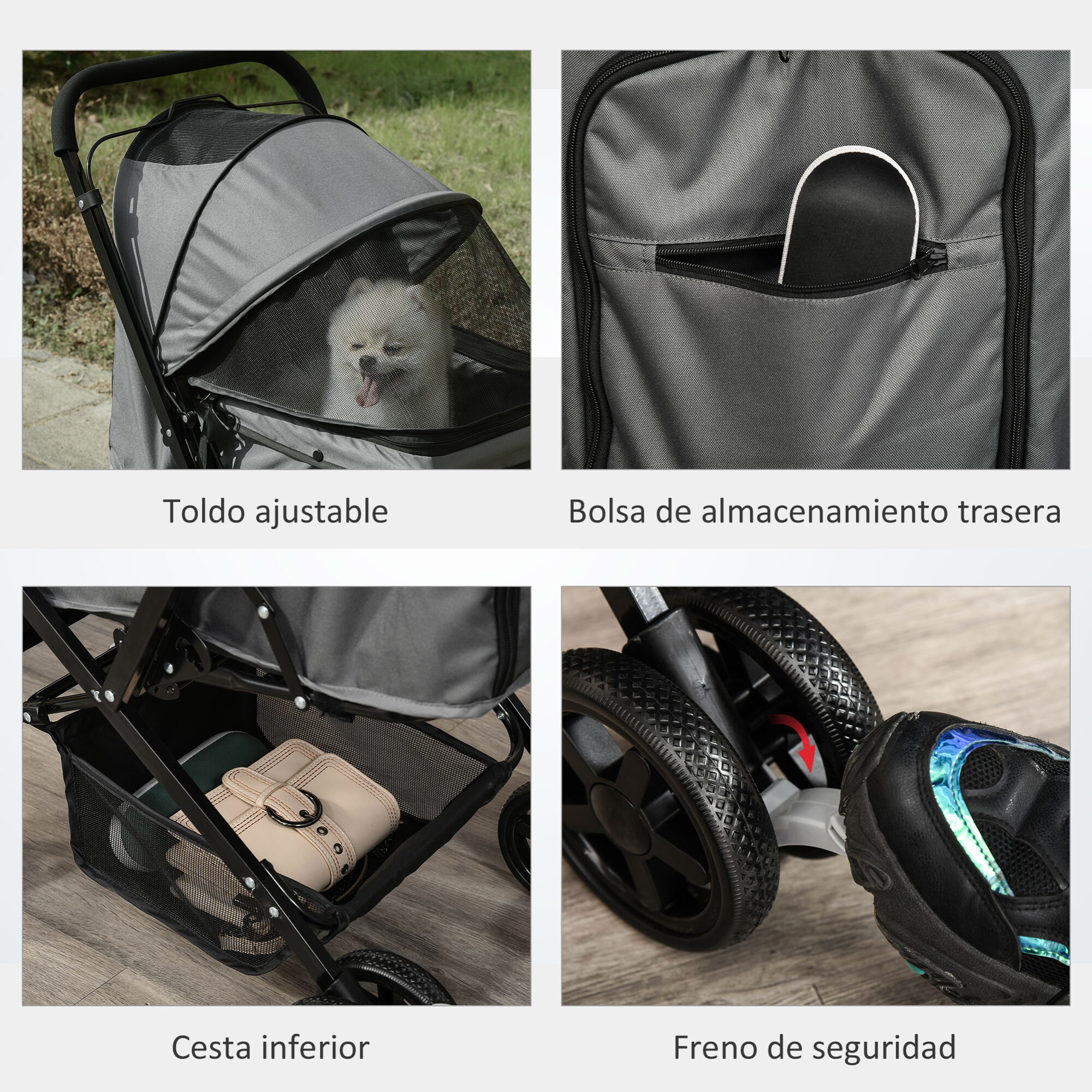 Cochecito para Mascotas Plegable Carrito para Perros Gatos con Toldo Ajustable Cesta de Almacenaje Correas de Seguridad y Frenos Tela Oxford 600D Acero 76,5x52x95 cm Gris