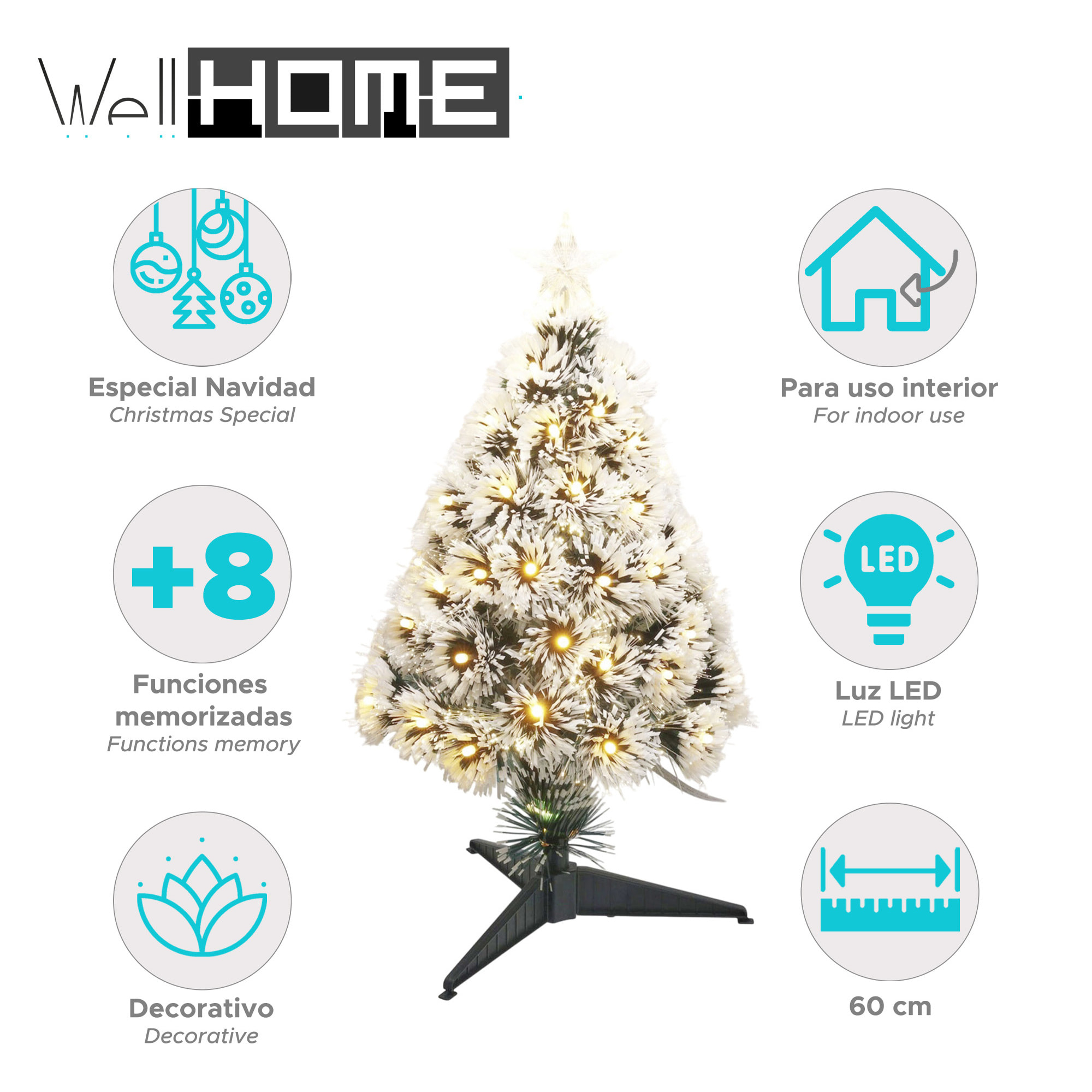Árbol de navidad de fibra óptica con 60 luces led blanco cálido y 8 funciones de color h.60cm