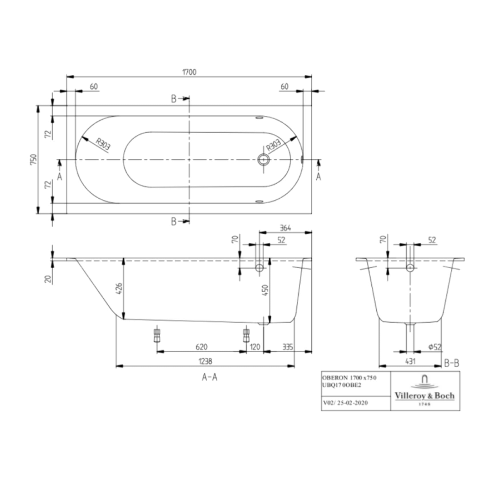 Baignoire droite Oberon quaryl 170 x 75 cm  + Pare bain gauche AURYS Raywall chromé