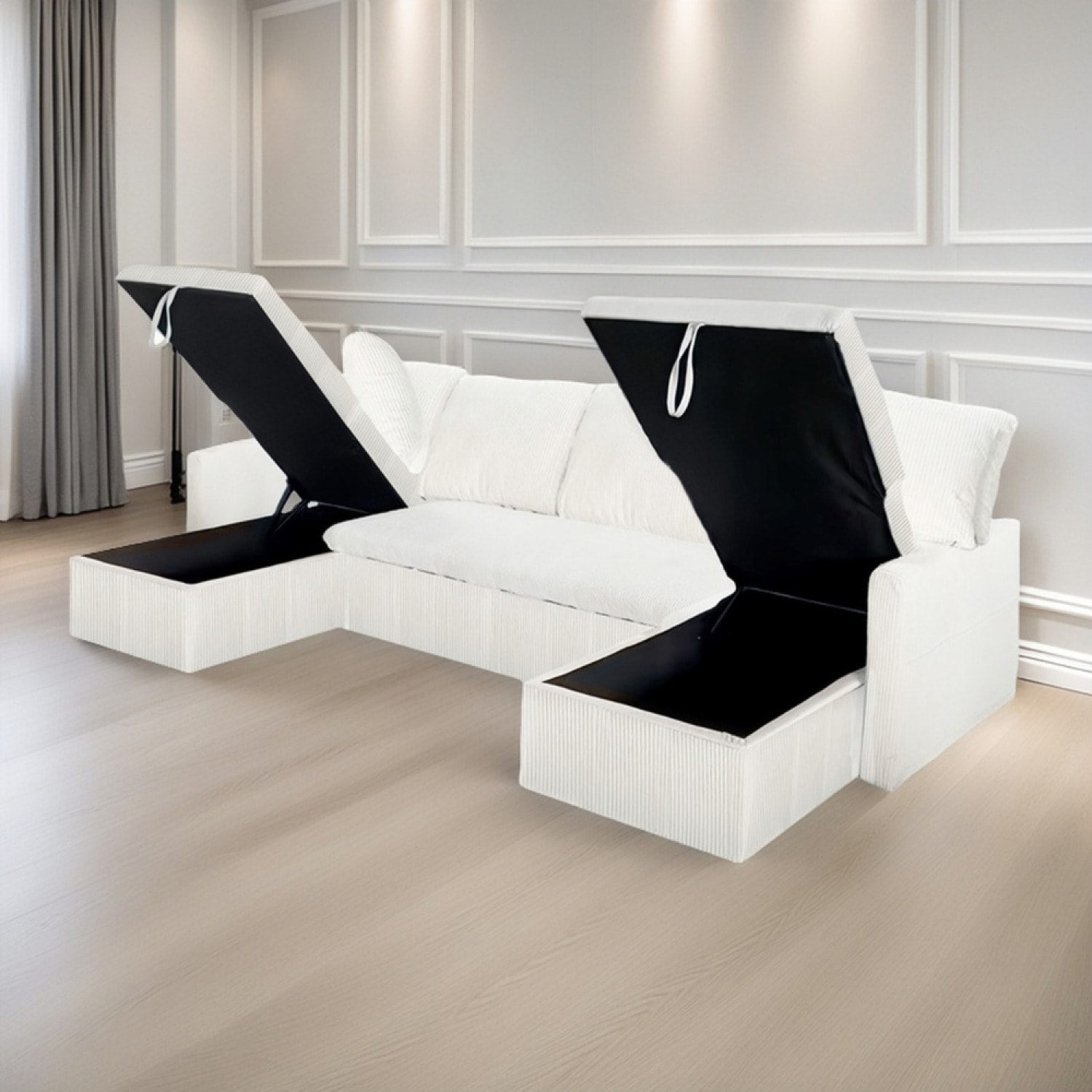 ELLA - Canapé panoramique convertible 4 places en velours côtelé avec coffre - beige