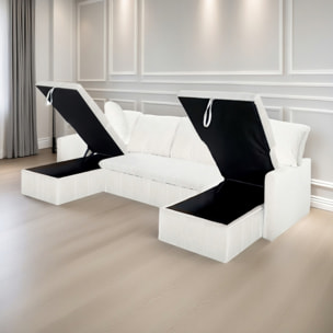 ELLA - Canapé panoramique convertible 4 places en velours côtelé avec coffre - beige