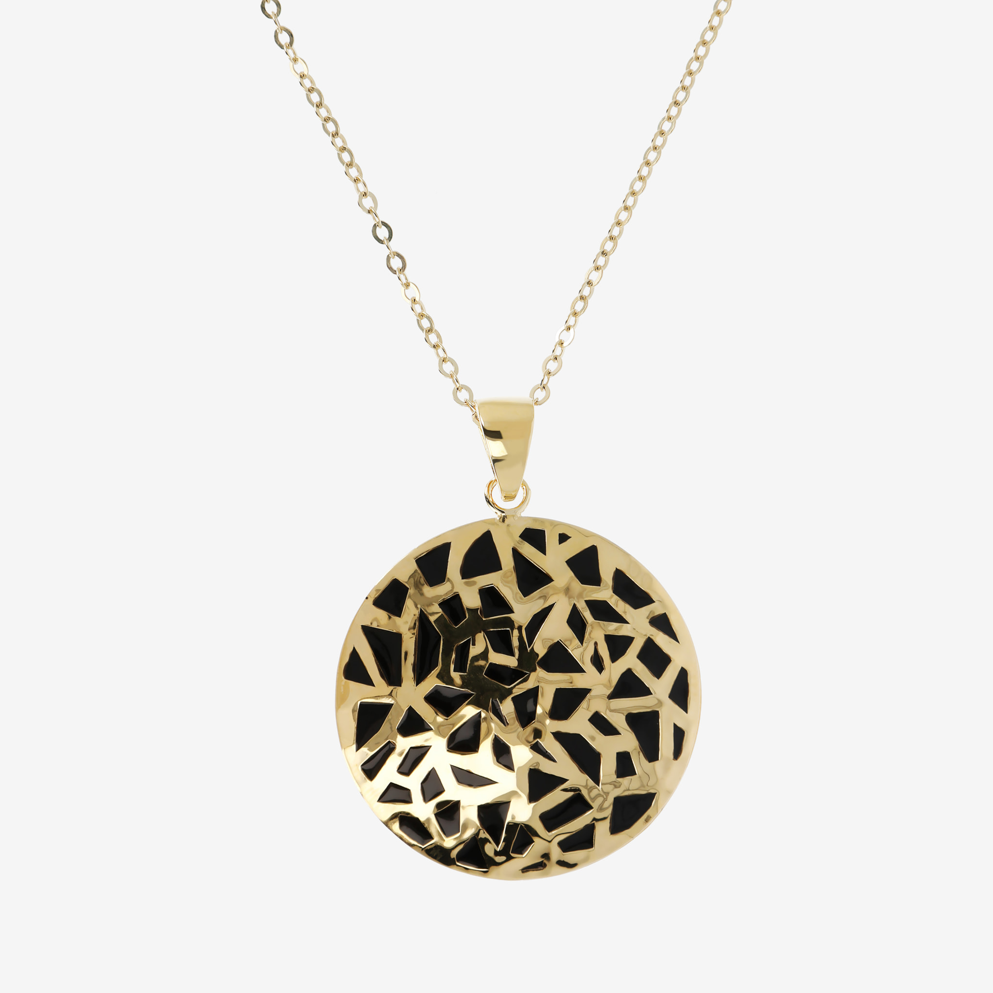 Collana Maglia Brillantina in Argento 925 placcato Oro Giallo 18Kt con Pendente a Disco Smaltato Nero