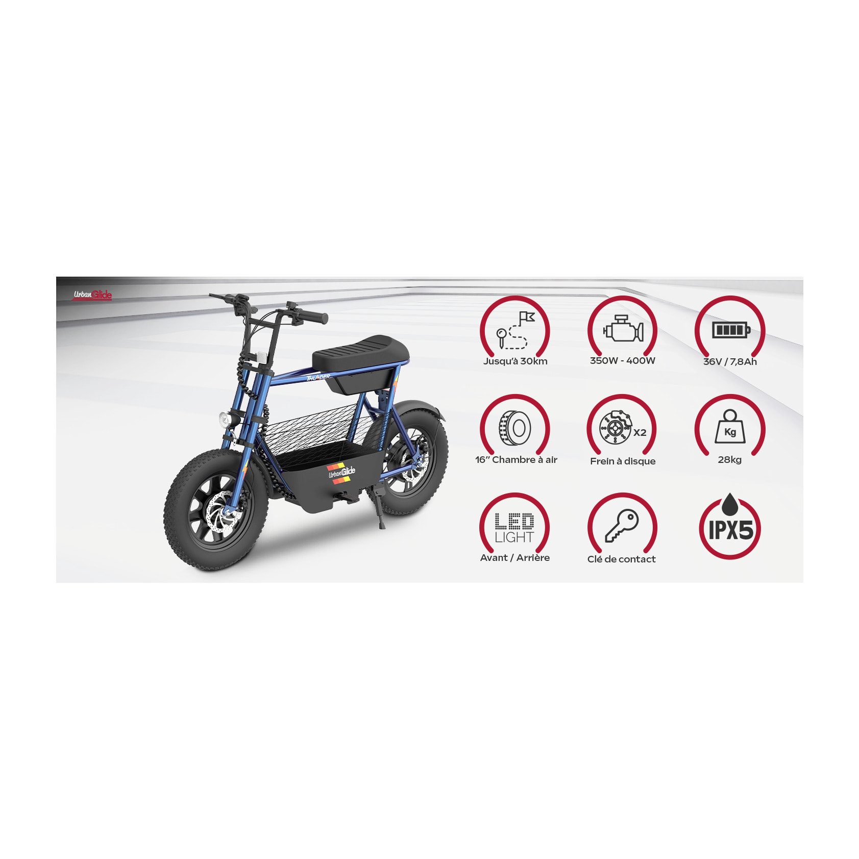 Draisienne Électrique UrbanGlide Thunder 160, 25 km/h, Autonomie 30 km, Roues 16 pouces Fat Tire, Freins à disque, Écran Batterie, Adulte