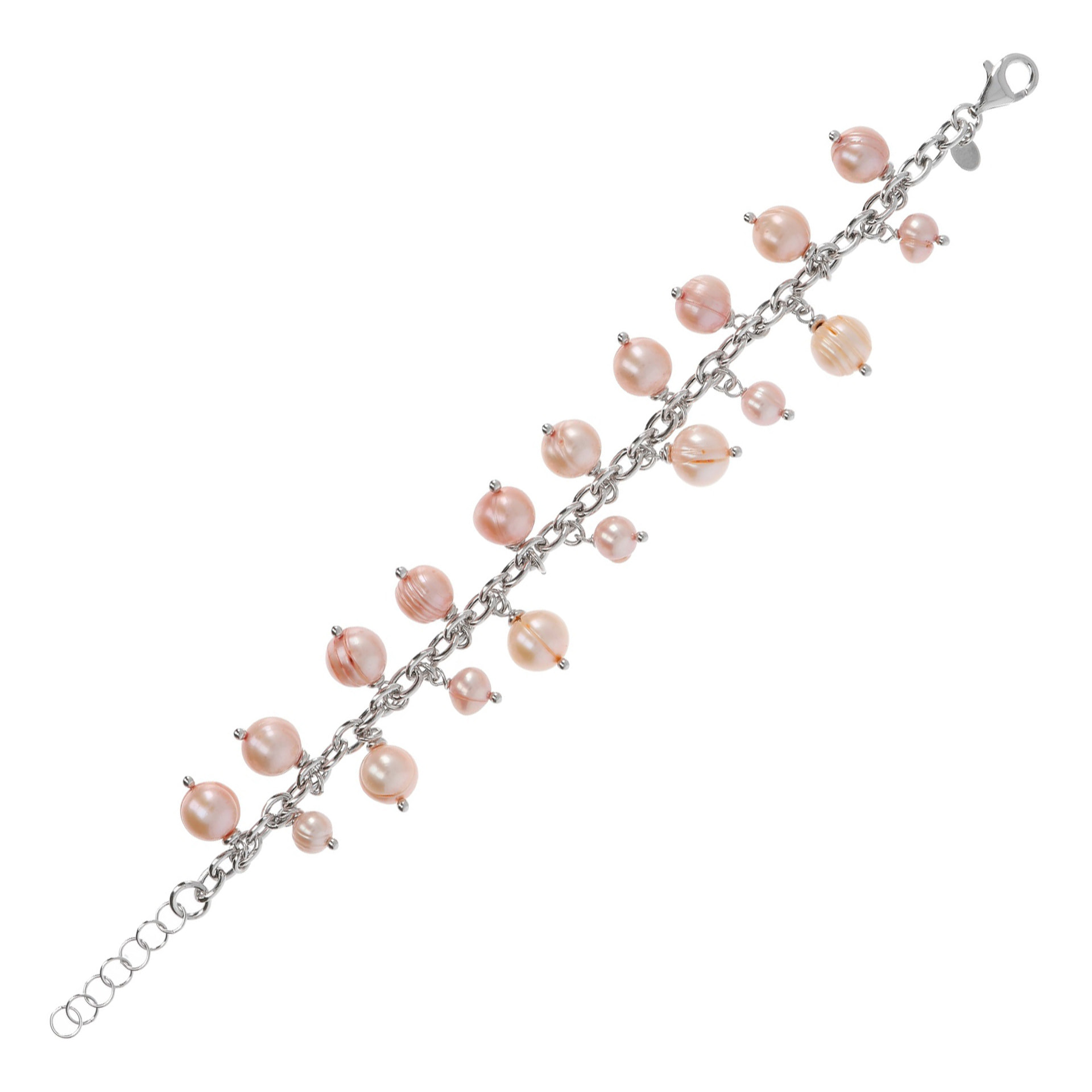 PERLAVIVA - Bracciale Catena Forzatina in Argento 925 con Charms Perle d'Acqua Dolce Rosa Ø 7/9 mm