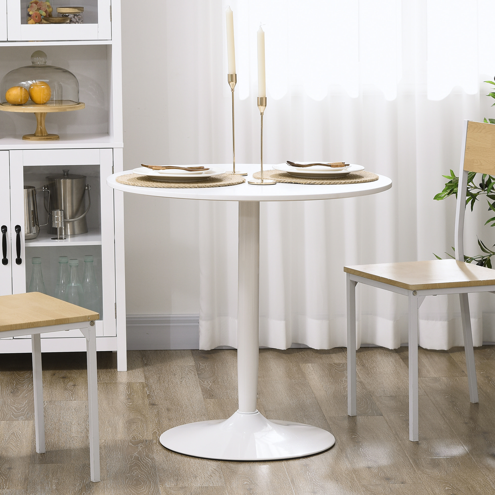 Table ronde design 2 personnes dia. 80 cm style néo-rétro piètement acier plateau MDF blanc
