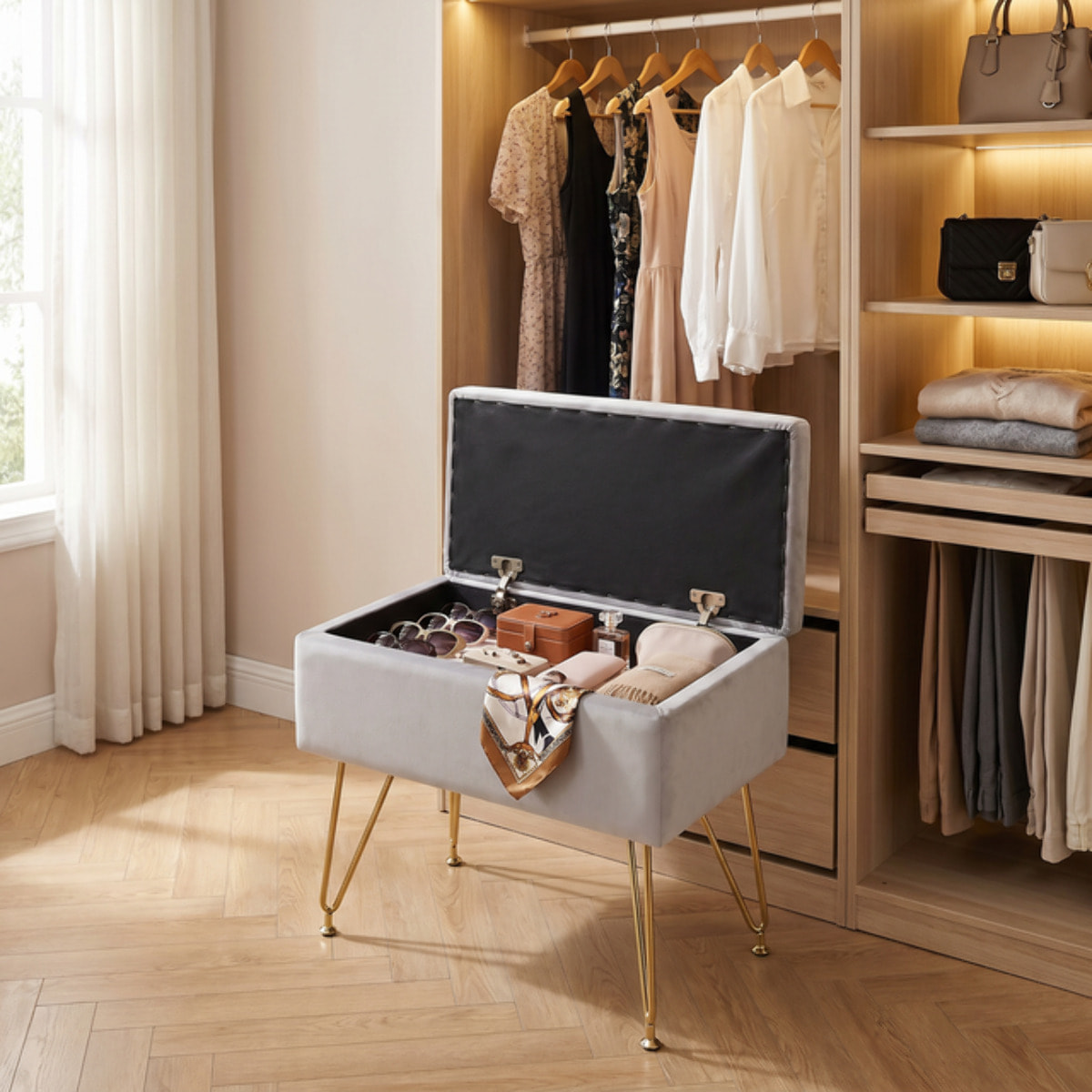 Panca Contenitore in Effetto Velluto con Seduta Imbottita e Vano Portaoggetti, Design Moderno con Gambe in Acciaio per Ingresso, Camera da Letto e Soggiorno