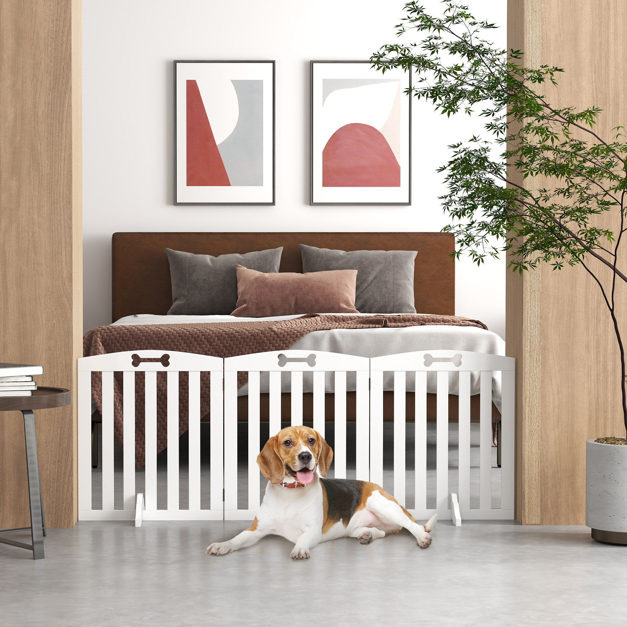Barrera de Seguridad para Perros Plegable 155 cm, Valla para Perros Pequeños y Medianos de 3 Paneles con Pies Extraíbles, Puerta de Seguridad para Mascotas, para Escalera, Pasillo, Blanco