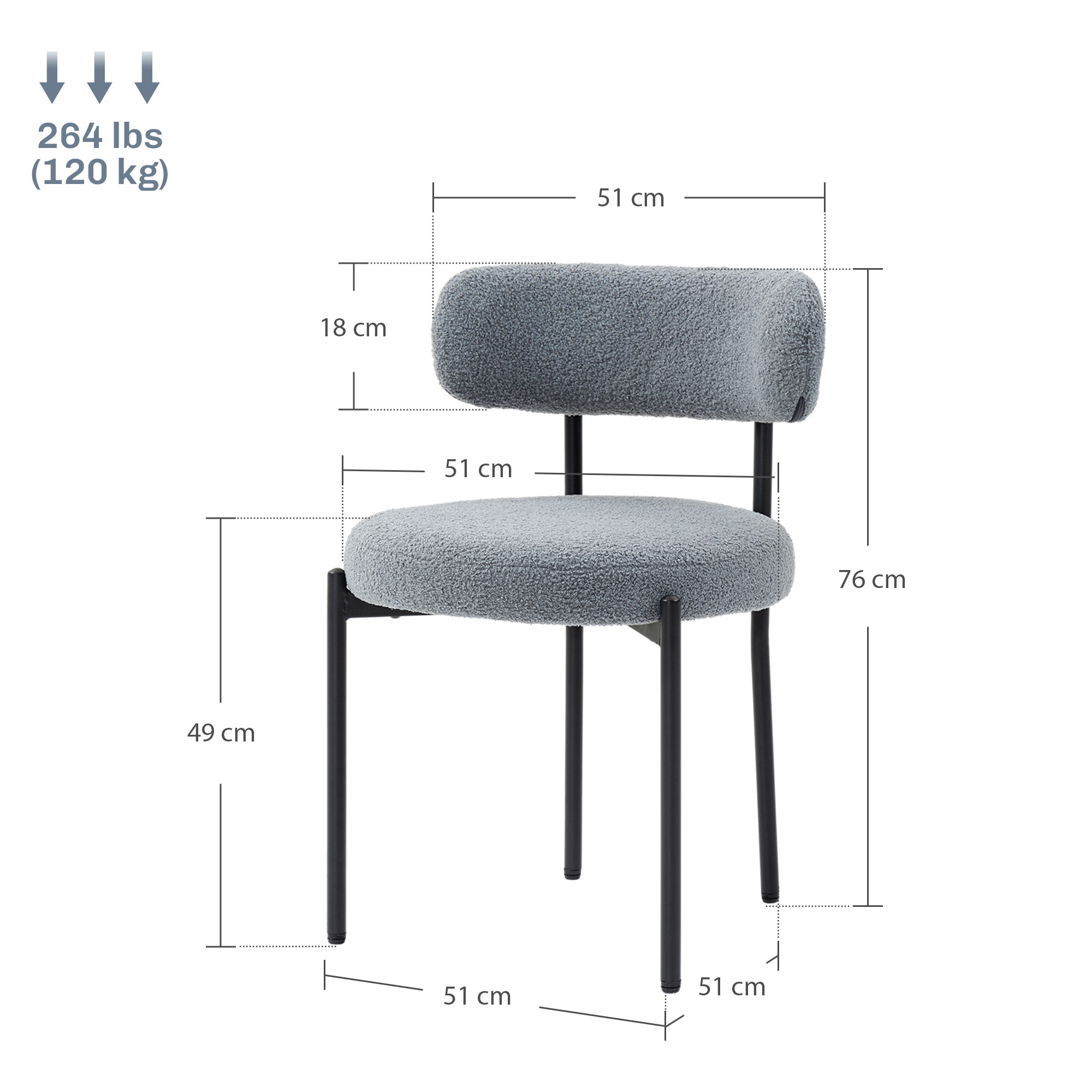 Lot de 2 chaises de salon style néo-rétro - assise ronde, dossier enveloppant - acier noir effet laine bouclée gris