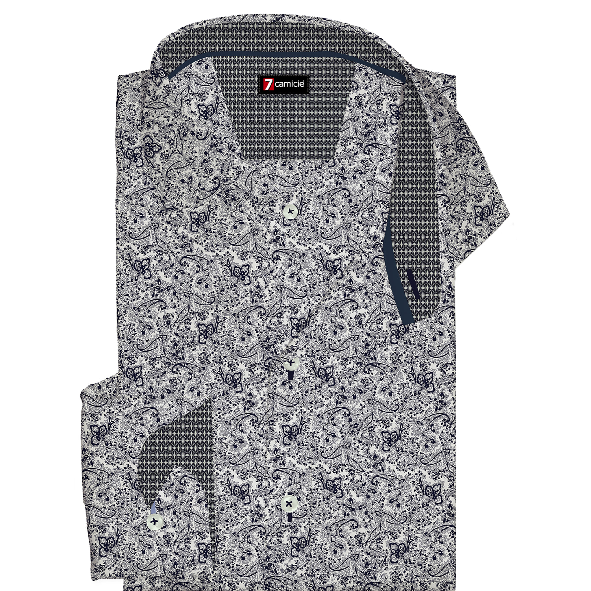Camicia Uomo 1 Bottone Francese Slim Popeline Stampato Bianco e Blu