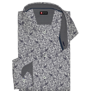 Camicia Uomo 1 Bottone Francese Slim Popeline Stampato Bianco e Blu
