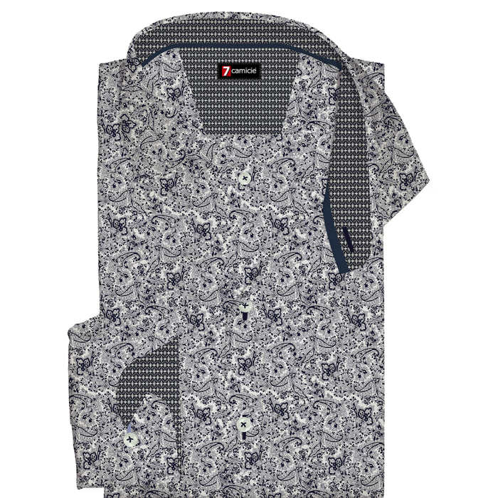 Camicia Uomo 1 Bottone Francese Slim Popeline Stampato Bianco e Blu