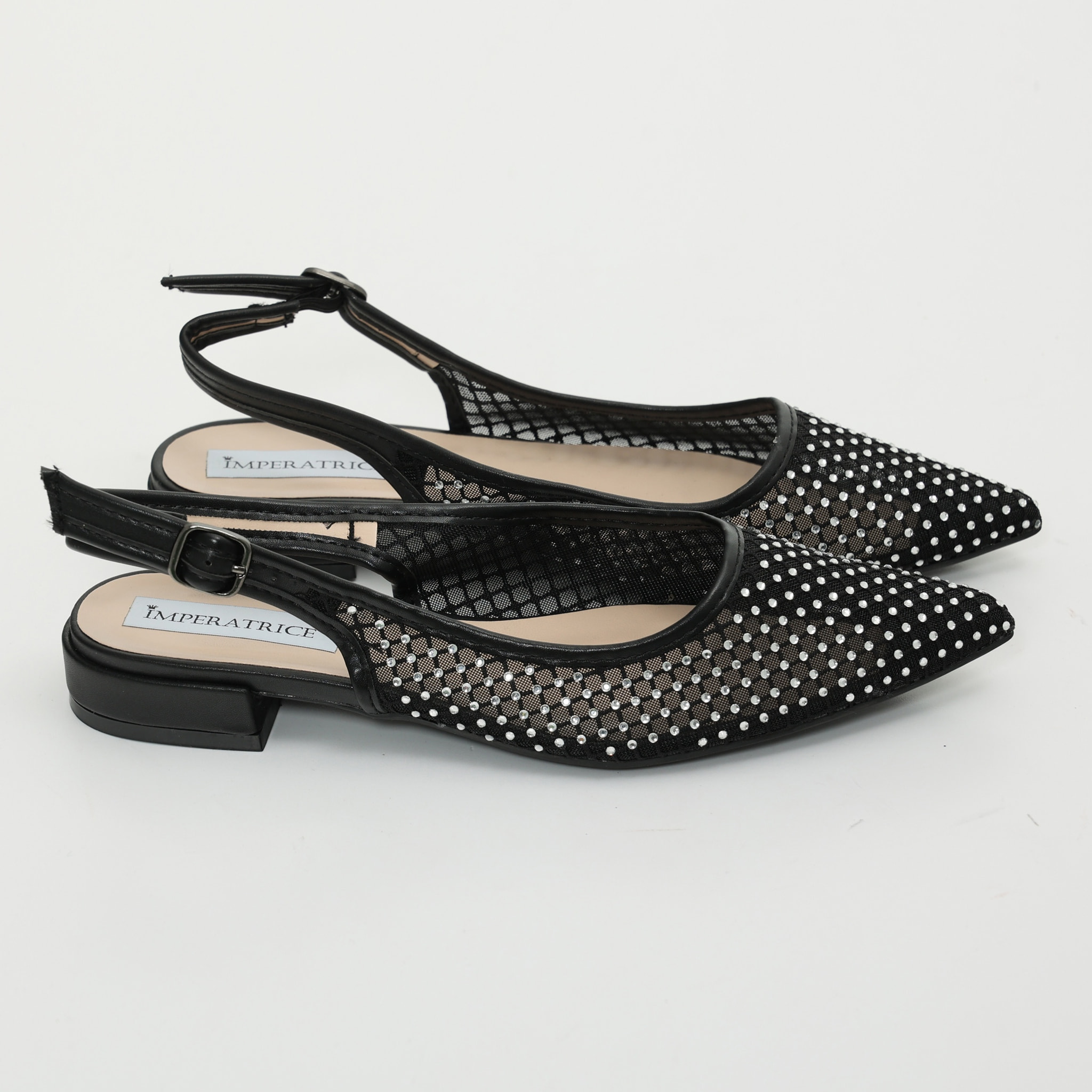 Ballerine slingback con tomaia semitrasparente ricoperta di strass
