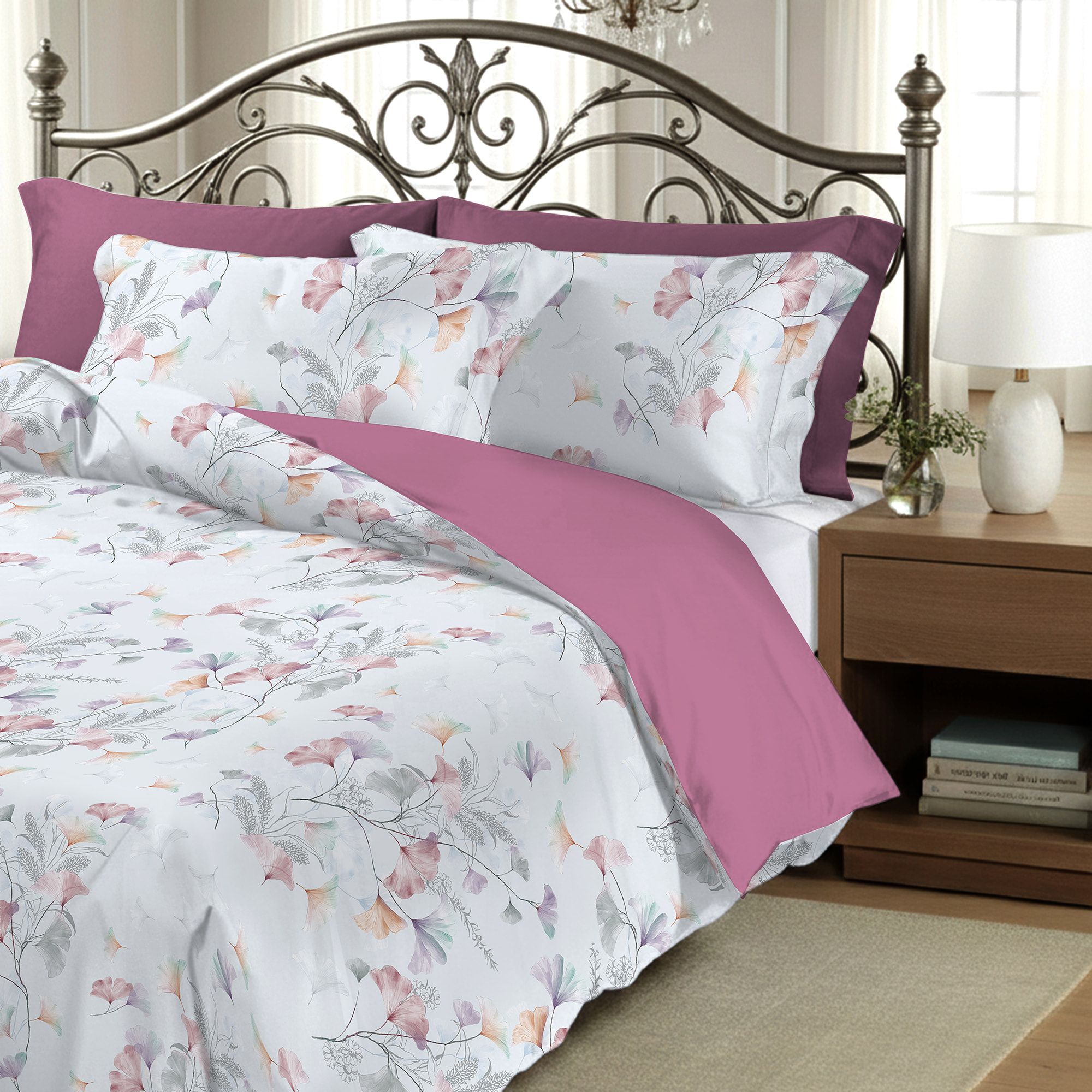 Parure copripiumino matrimoniale in raso stampato Ginko Colors