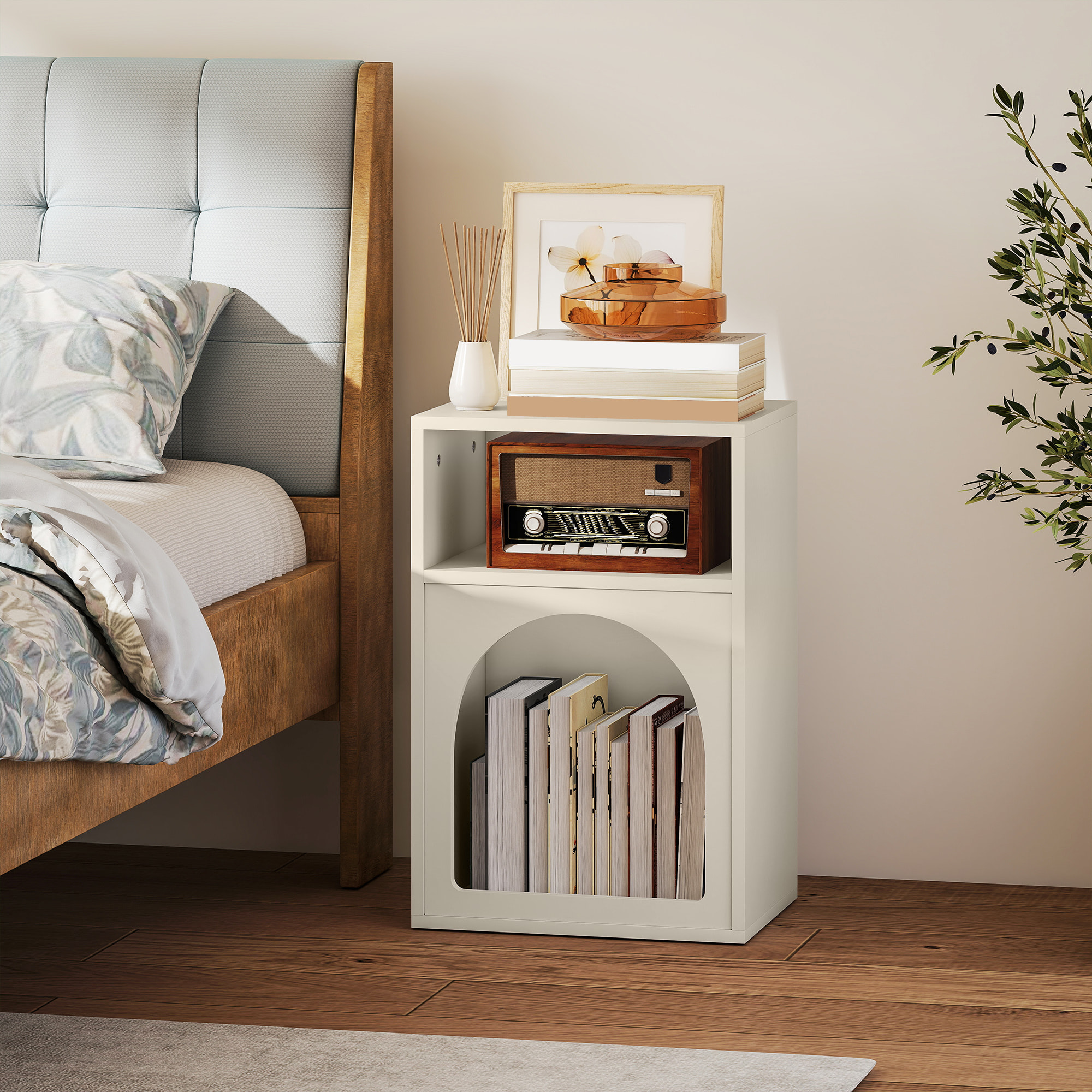 Mesita de Noche Moderna Mesilla de Noche Estrecha con 2 Compartimentos Abiertos Diseño en Forma de Arco Mesa Auxiliar para Salón Dormitorio 40x30x60 cm Crema