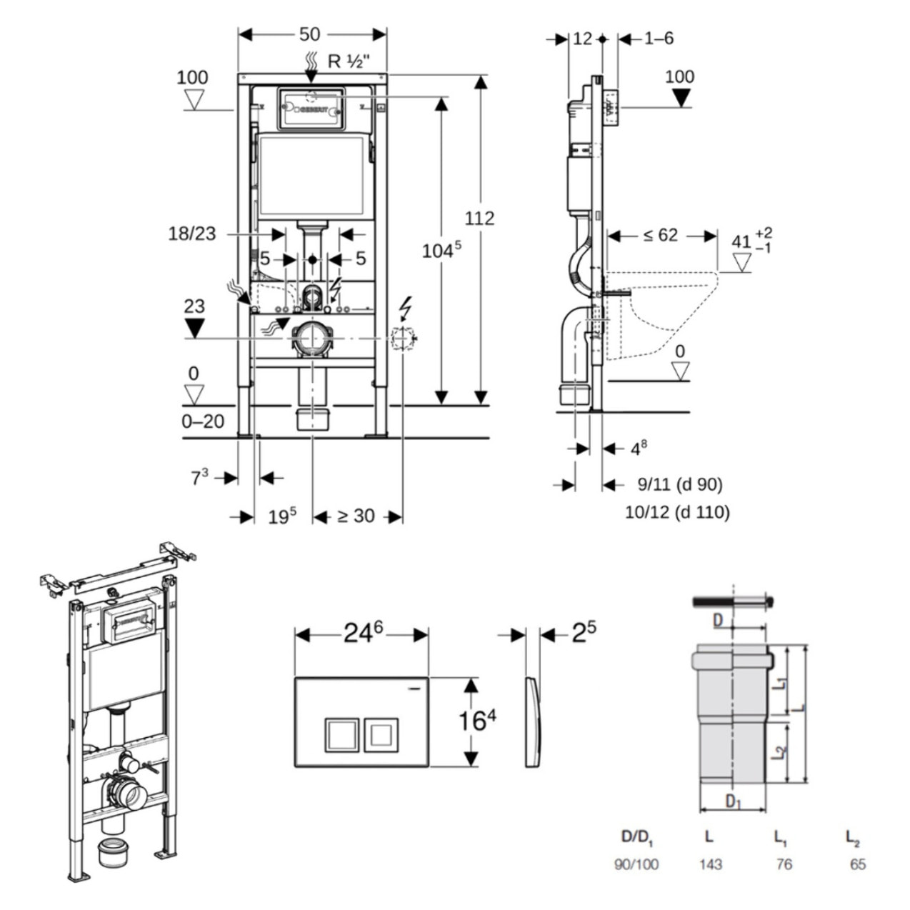 Duofix pack WC bâti-support UP100 + WC suspendu sans bride Ceramia avec abattant SoftClose + plaque chrome mat (GEBCEPXWT05-FR)