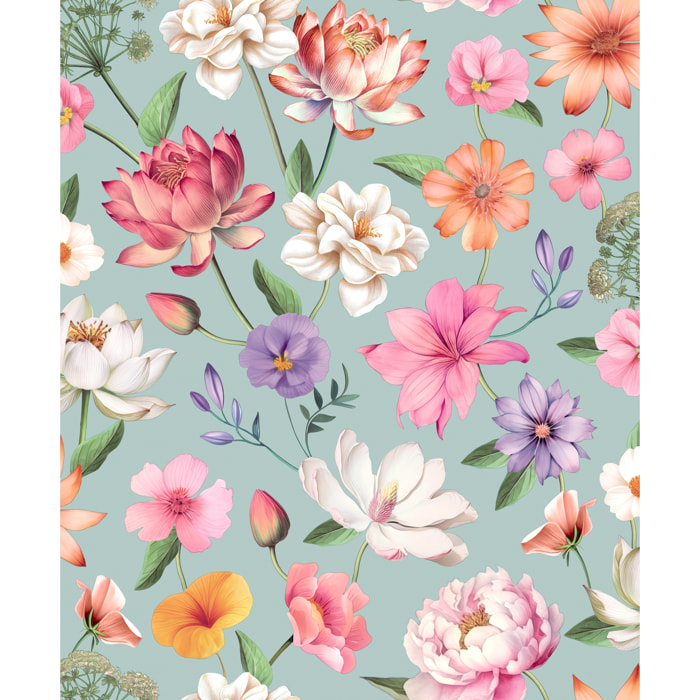 Papier peint floral botanique fond rose poudré