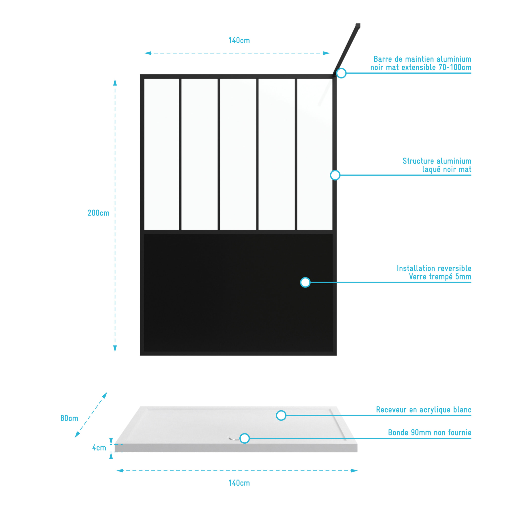 Pack Paroi de douche 140x200 cm noir mat - verre trempe 5mm + RECEVEUR A POSER RECTANGLE - 140x80cm
