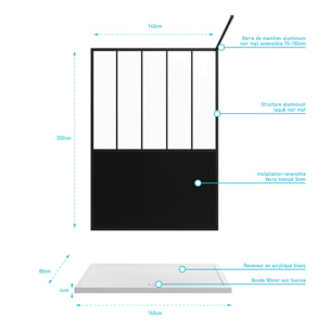 Pack Paroi de douche 140x200 cm noir mat - verre trempe 5mm + RECEVEUR A POSER RECTANGLE - 140x80cm