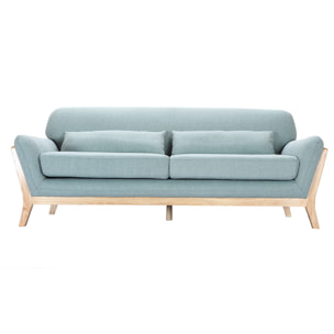 Canapé scandinave 3 places en tissu vert lagon et bois clair YOKO