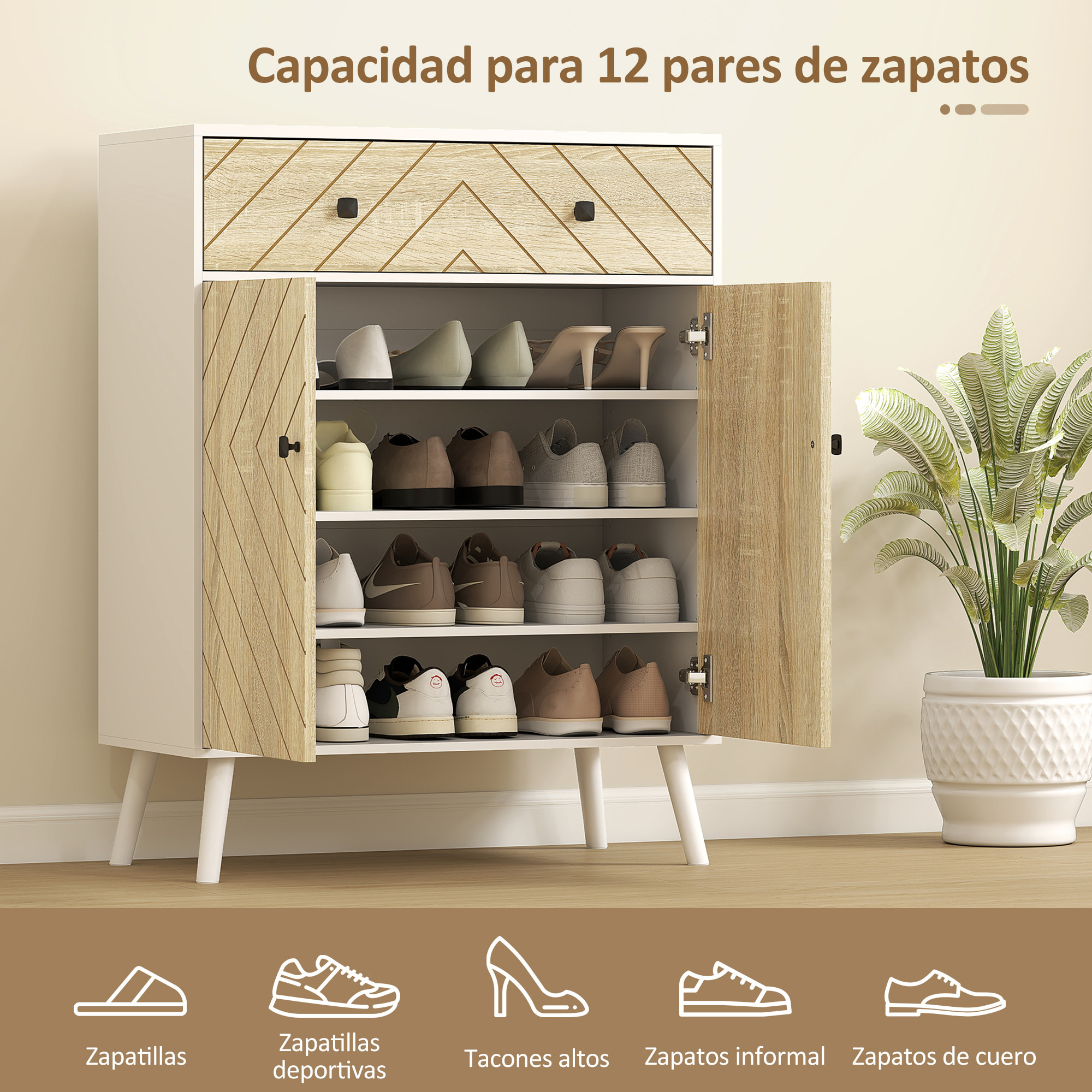 Zapatero de 2 Puertas en Espiga, Zapatero Entrada Recibidor con Estantes Ajustables, Cajón, para 12 Pares de Zapatos, 75x35x97 cm, Blanco y Natural