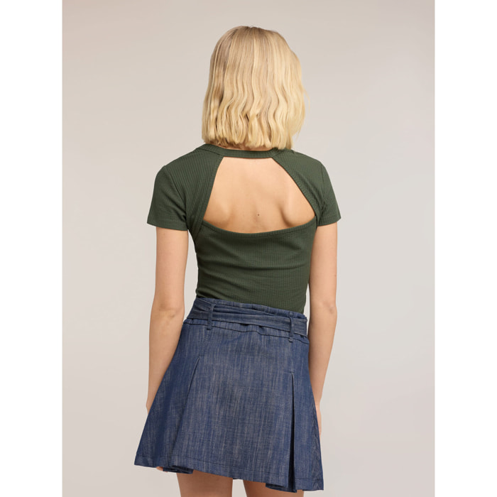 Motivi - T-shirt in jersey a coste con cut-out - Verde militare