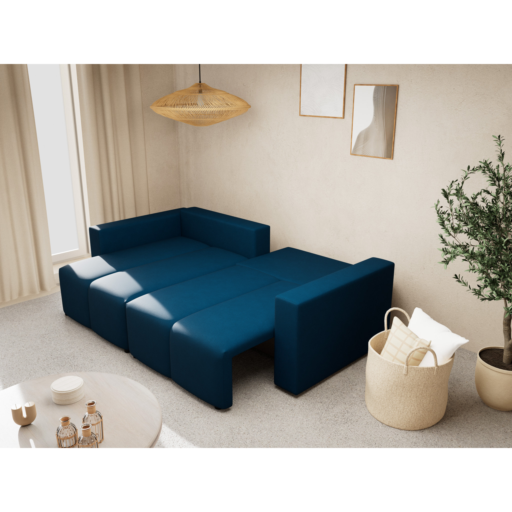 Daryl - canapé d'angle réversible 4 places convertible avec coffre en tissu texturé - Bleu