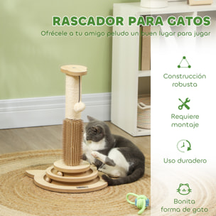 Poste Rascador para Gatos 49 cm Arañador para Gatos con Poste de Sisal Cepillo Carril Giratorio con Bolas de Juego Pluma Elástica y Bola de Juguete Roble