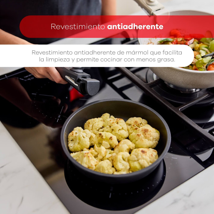 Batería de cocina 10 Pzs Negro / Mango extraíble, 3 Sartenes, 2 Cazos, Tapas y Utensilios/Aluminio fundido