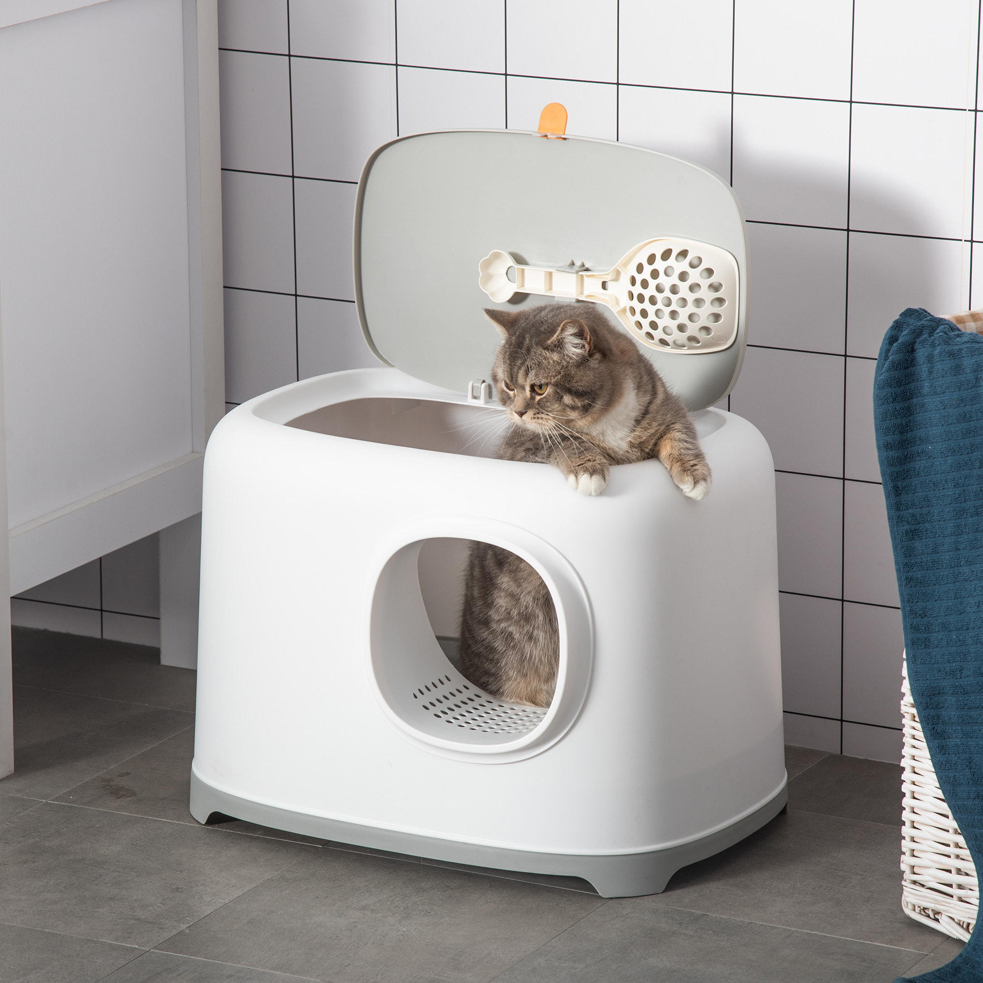 Maison de toilette litière pour chat - porte, couvercle ouvrant  - pelle incluse - blanc gris clair