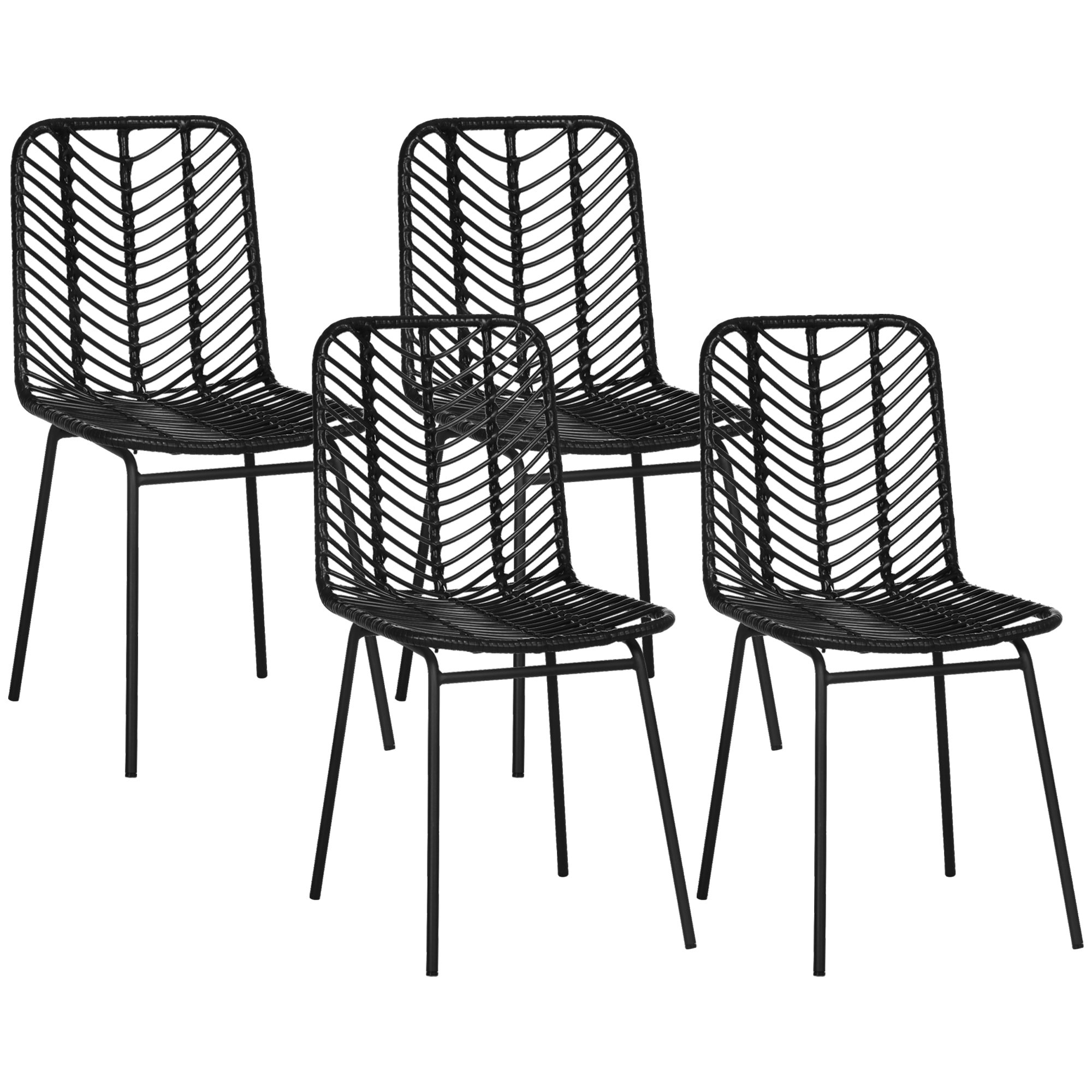 Lot de 4 chaises de salon style colonial piètement acier résine tressée aspect rotin noir