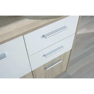 Credenza a tre ante e due cassetti, colore bianco e rovere, Misure 77 x 77 x 30 cm