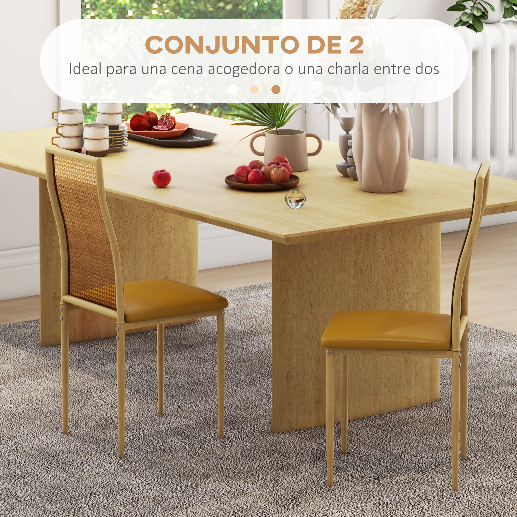 Juego de 2 Sillas de Comedor Sillas de Cocina Modernos con Respaldo de Ratán PE Asiento Tapizado de Cuero PU y Patas de Acero 40x50x97 cm Ocre