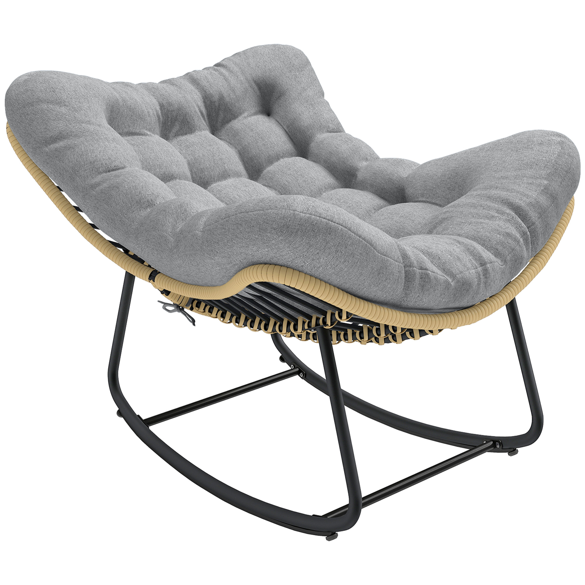 Fauteuil à bascule avec coussin design résine filaire effet rotin naturel métal noir