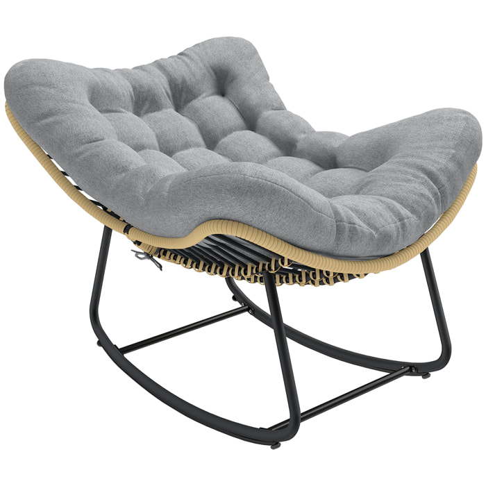 Fauteuil à bascule avec coussin design résine filaire effet rotin naturel métal noir